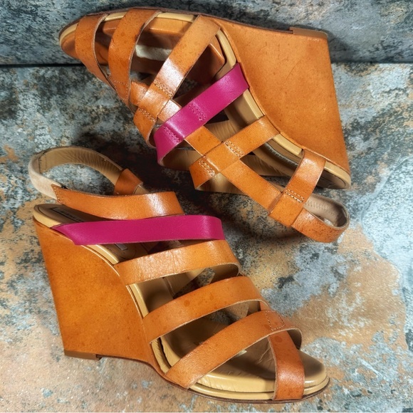 Vintage DIANE VON FURSTENBERG Heels Size 7B Tan & Pink Leather Strappy Wedges - Picture 4 of 8